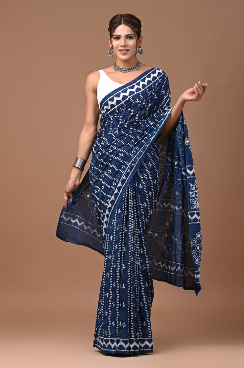 Handblock Print Indigo-Flower print Saree