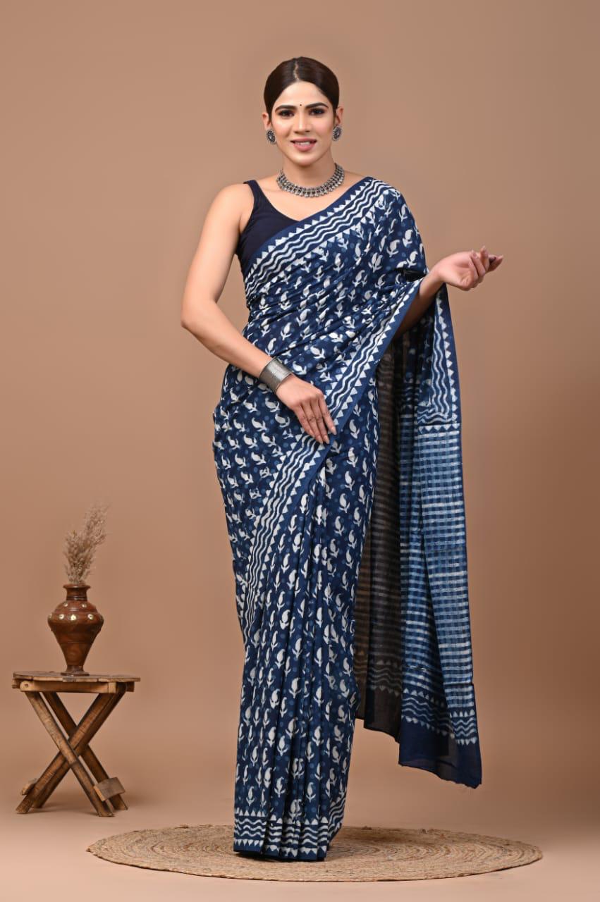 Handblock Print Indigo-Aam print Saree